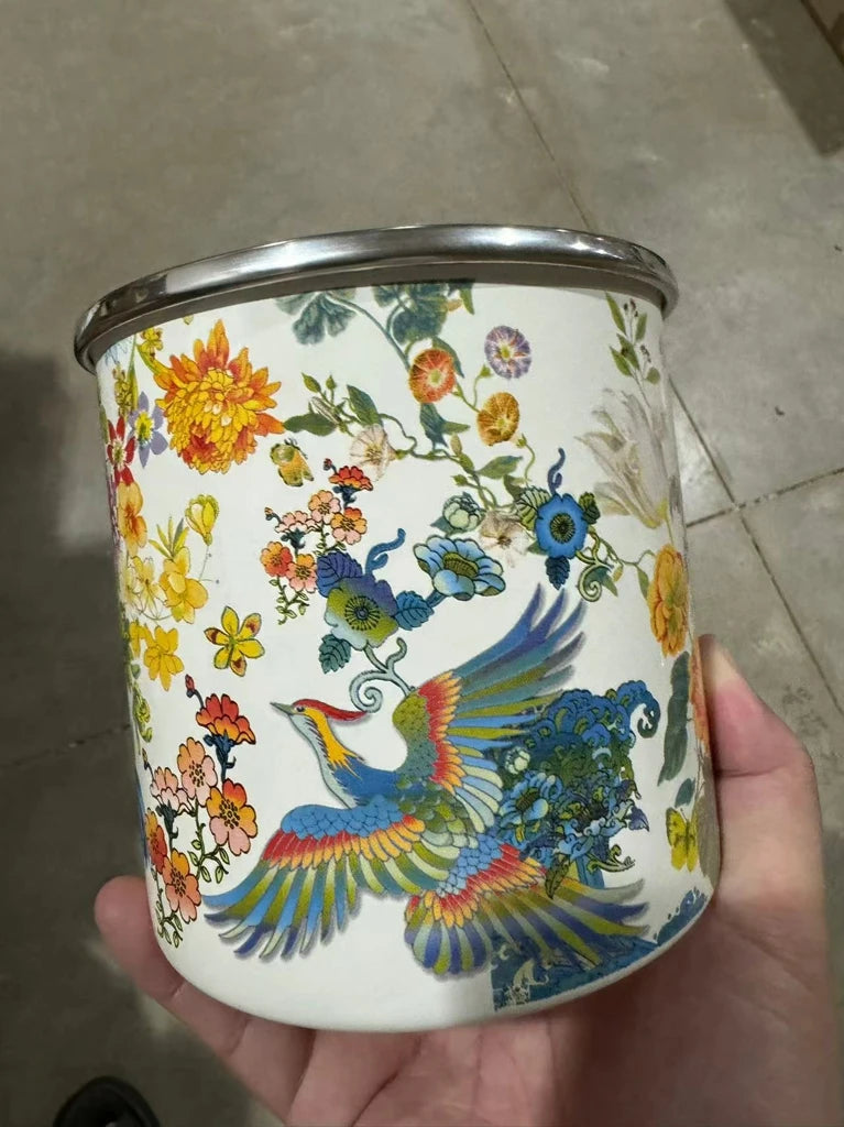 French Retro Enamel Water Cup Flower Enamel Mug Painted Coffee Cup Breakfast Cup 550ML Tea Cup Vase Home Decoration Craft Gift