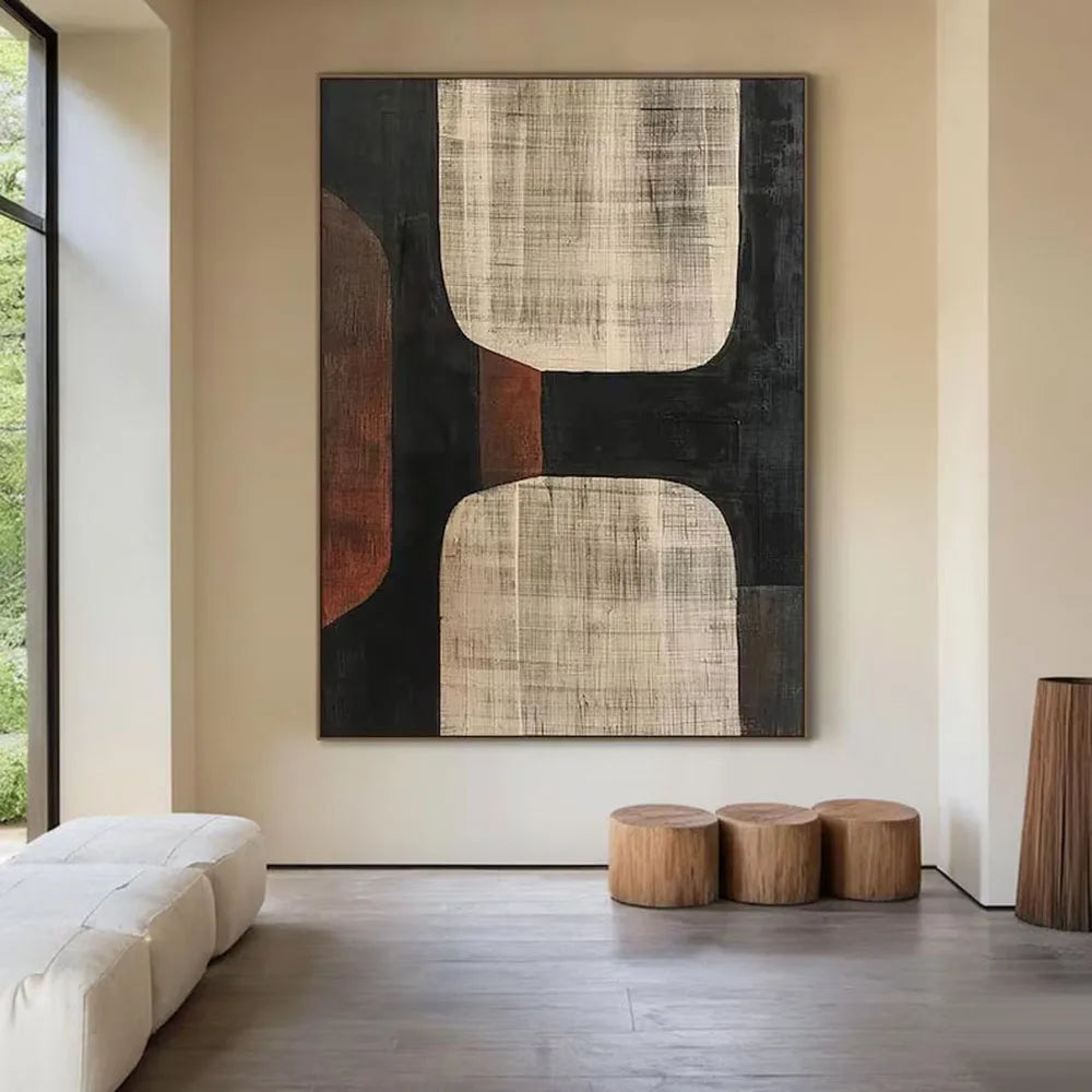 Beige Wabi-Sabi Wall Art Black Beige Abstract Painting Brown Copper Simple Wall Art Beige Textured Canvas Painting Neutral Decor