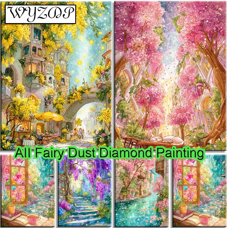 WYZDP 100% Fairy Dust Diamond Painting Landscape Square Diamond embroidery Flower Wall Art Stitch Diamond Art Full Crystal Decor