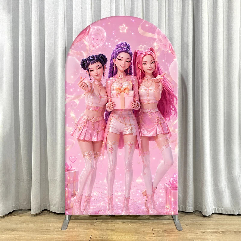 Pink Kpop Demon Hunters Arch Backdrop Cover Spandex Fabric for Girl Birthday Party Photo Booth Studio Decoration Supplies