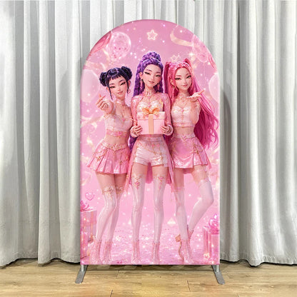 Pink Kpop Demon Hunters Arch Backdrop Cover Spandex Fabric for Girl Birthday Party Photo Booth Studio Decoration Supplies