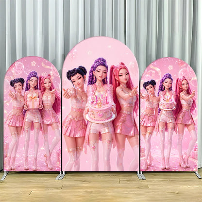Pink Kpop Demon Hunters Arch Backdrop Cover Spandex Fabric for Girl Birthday Party Photo Booth Studio Decoration Supplies