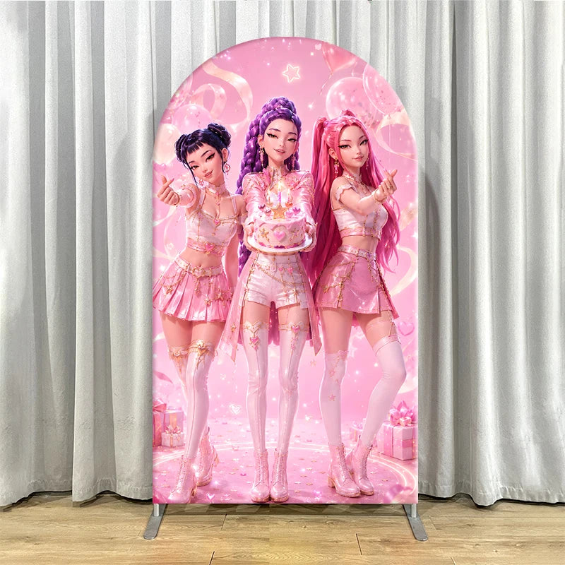 Pink Kpop Demon Hunters Arch Backdrop Cover Spandex Fabric for Girl Birthday Party Photo Booth Studio Decoration Supplies