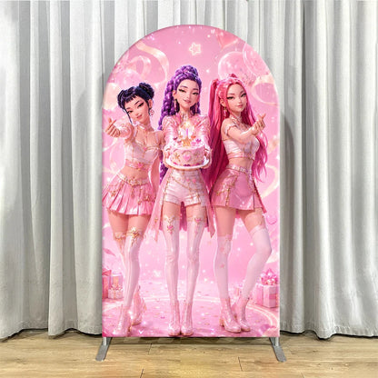 Pink Kpop Demon Hunters Arch Backdrop Cover Spandex Fabric for Girl Birthday Party Photo Booth Studio Decoration Supplies