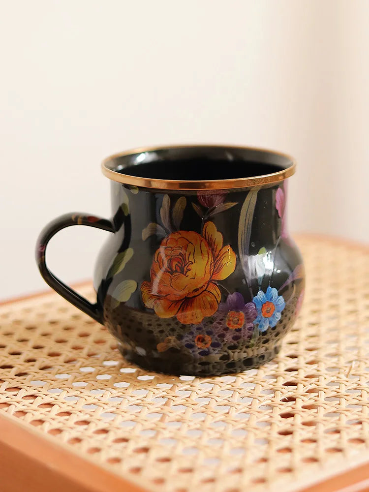 French Retro Enamel Water Cup Flower Enamel Mug Painted Coffee Cup Breakfast Cup 550ML Tea Cup Vase Home Decoration Craft Gift
