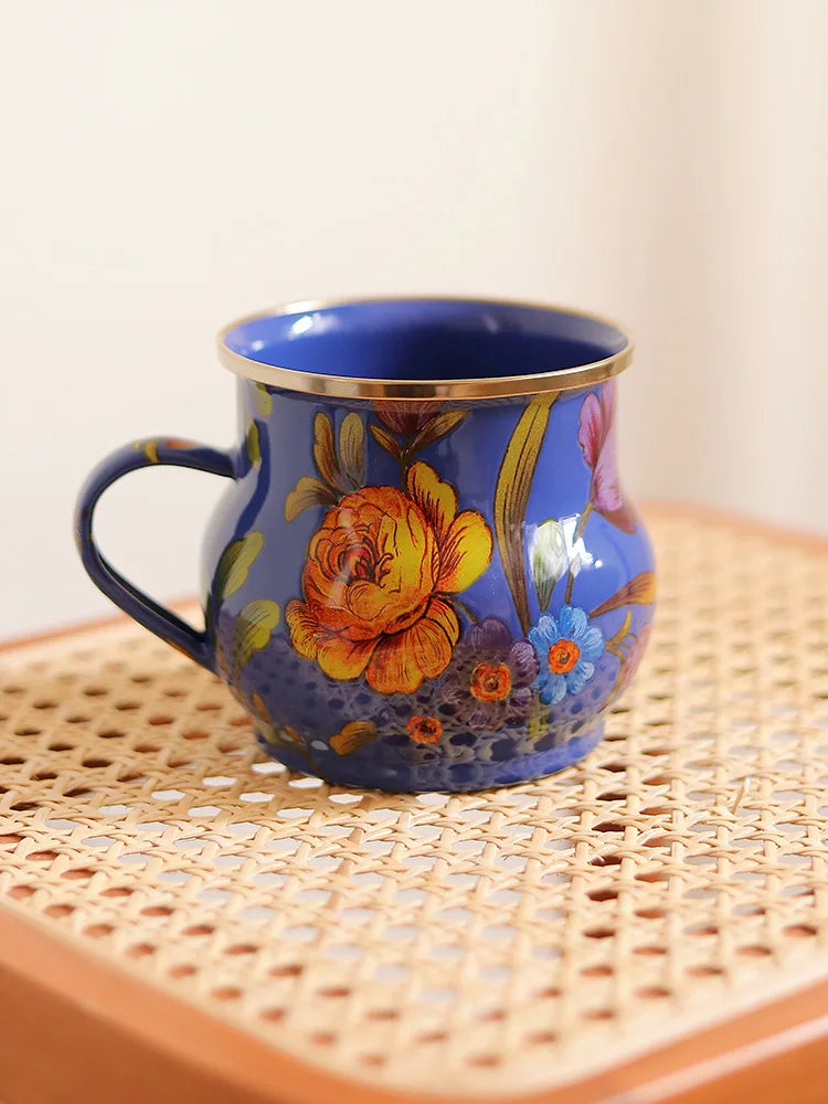 French Retro Enamel Water Cup Flower Enamel Mug Painted Coffee Cup Breakfast Cup 550ML Tea Cup Vase Home Decoration Craft Gift