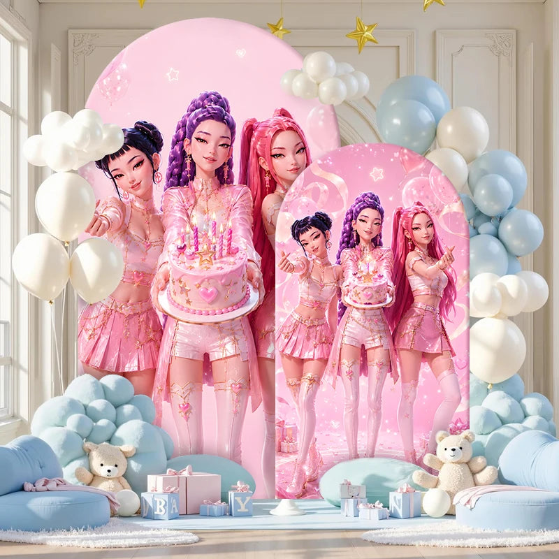 Pink Kpop Demon Hunters Arch Backdrop Cover Spandex Fabric for Girl Birthday Party Photo Booth Studio Decoration Supplies