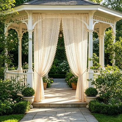 2 Pieces/Set Boho Geometric Hollow Lace Sheer Curtains with Tassel Vintage Patio Door Curtain for Farmhouse Sunroom Kitchen Cafe