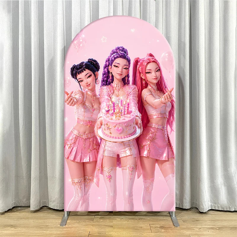 Pink Kpop Demon Hunters Arch Backdrop Cover Spandex Fabric for Girl Birthday Party Photo Booth Studio Decoration Supplies