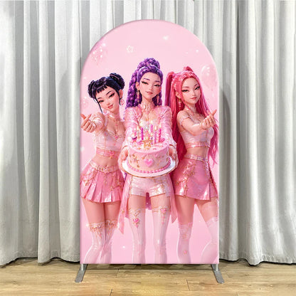 Pink Kpop Demon Hunters Arch Backdrop Cover Spandex Fabric for Girl Birthday Party Photo Booth Studio Decoration Supplies