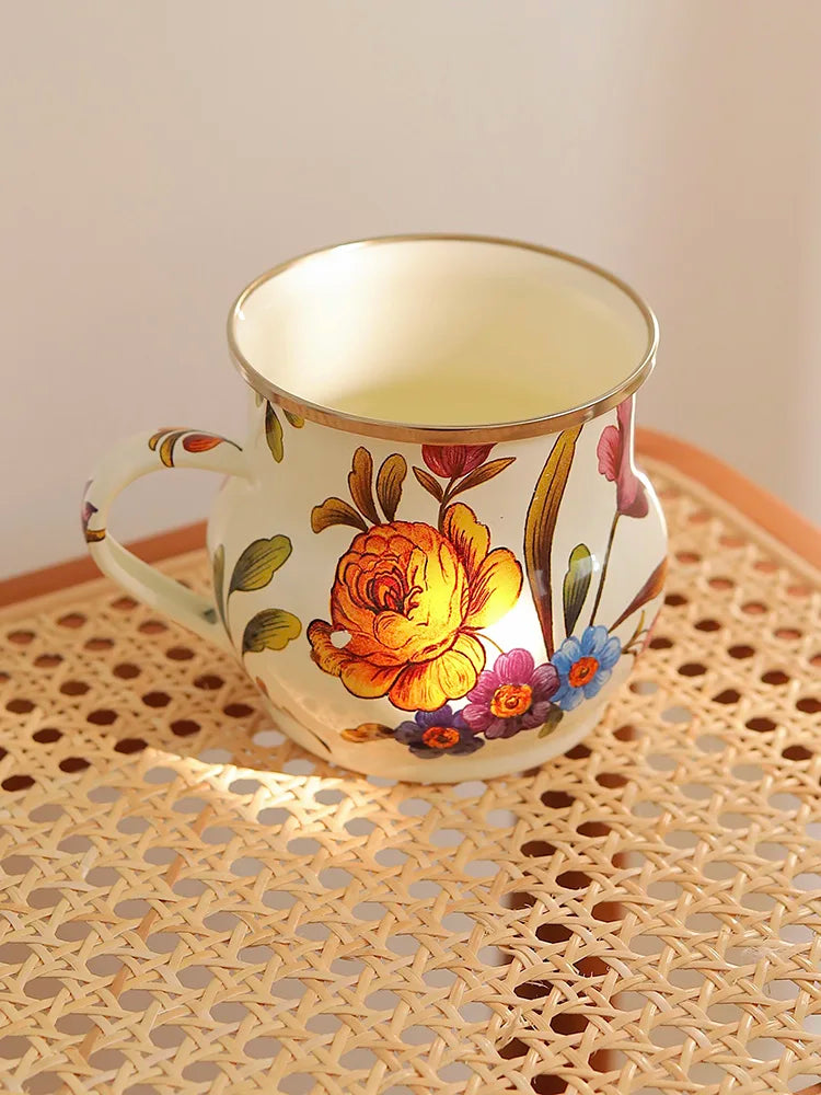 French Retro Enamel Water Cup Flower Enamel Mug Painted Coffee Cup Breakfast Cup 550ML Tea Cup Vase Home Decoration Craft Gift