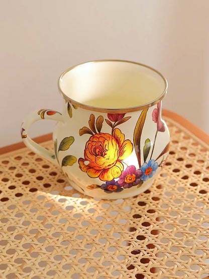 French Retro Enamel Water Cup Flower Enamel Mug Painted Coffee Cup Breakfast Cup 550ML Tea Cup Vase Home Decoration Craft Gift