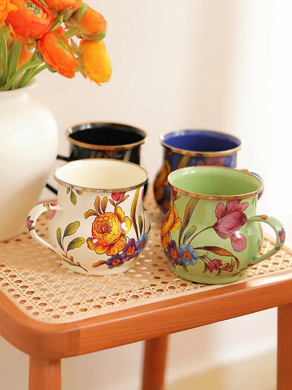 French Retro Enamel Water Cup Flower Enamel Mug Painted Coffee Cup Breakfast Cup 550ML Tea Cup Vase Home Decoration Craft Gift