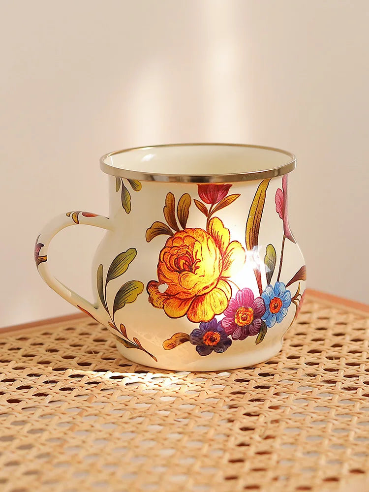 French Retro Enamel Water Cup Flower Enamel Mug Painted Coffee Cup Breakfast Cup 550ML Tea Cup Vase Home Decoration Craft Gift