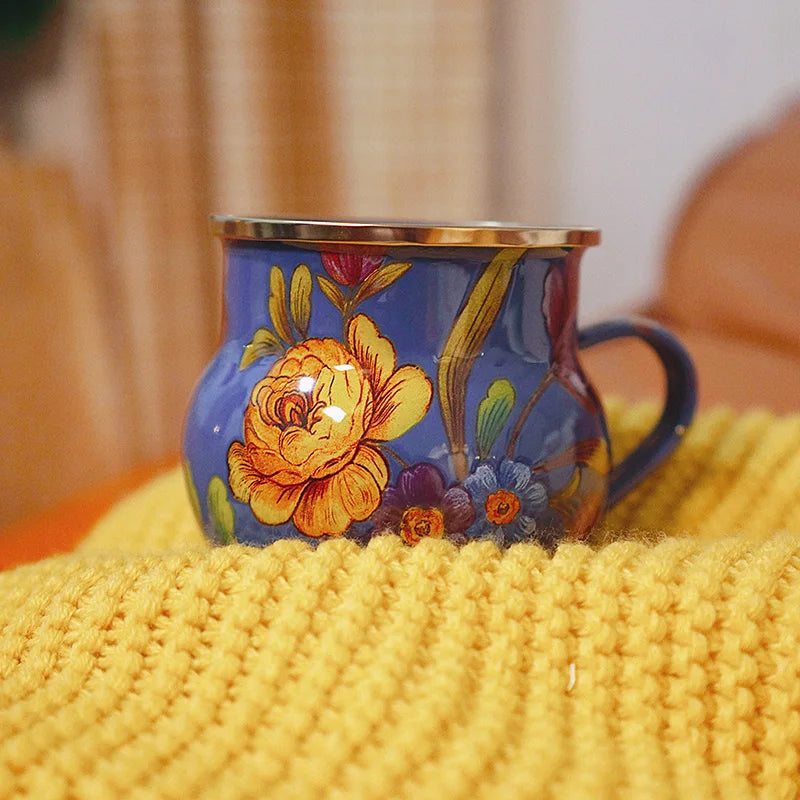 French Retro Enamel Water Cup Flower Enamel Mug Painted Coffee Cup Breakfast Cup 550ML Tea Cup Vase Home Decoration Craft Gift
