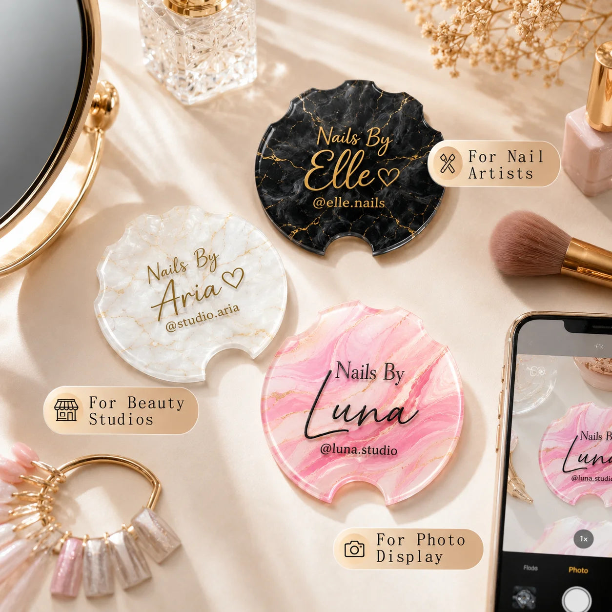 Custom Acrylic Nailfie Disc Personalized Logo Text Nail Photo Prop For Nail Technician Salon Manicure Art Shooting Display Plate