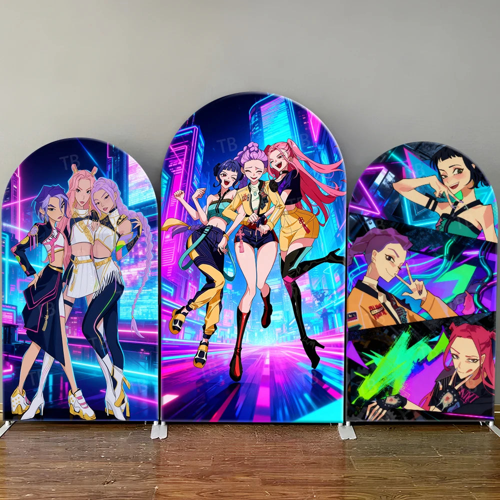 Pink Kpop Demon Hunters Arch Backdrop Cover Spandex Fabric for Girl Birthday Party Photo Booth Studio Decoration Supplies