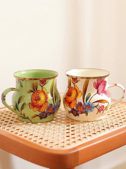 French Retro Enamel Water Cup Flower Enamel Mug Painted Coffee Cup Breakfast Cup 550ML Tea Cup Vase Home Decoration Craft Gift