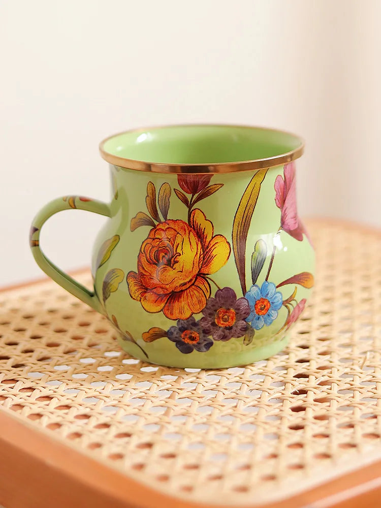 French Retro Enamel Water Cup Flower Enamel Mug Painted Coffee Cup Breakfast Cup 550ML Tea Cup Vase Home Decoration Craft Gift