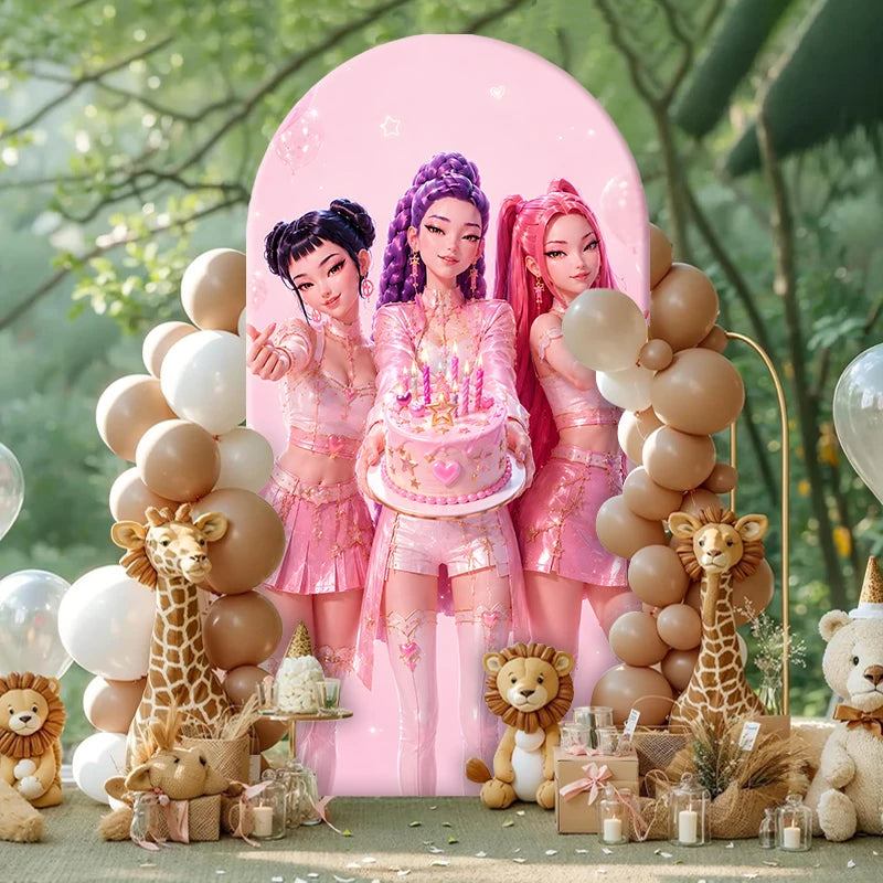 Pink Kpop Demon Hunters Arch Backdrop Cover Spandex Fabric for Girl Birthday Party Photo Booth Studio Decoration Supplies