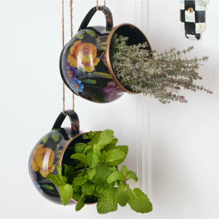 French Retro Enamel Water Cup Flower Enamel Mug Painted Coffee Cup Breakfast Cup 550ML Tea Cup Vase Home Decoration Craft Gift