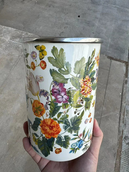French Retro Enamel Water Cup Flower Enamel Mug Painted Coffee Cup Breakfast Cup 550ML Tea Cup Vase Home Decoration Craft Gift