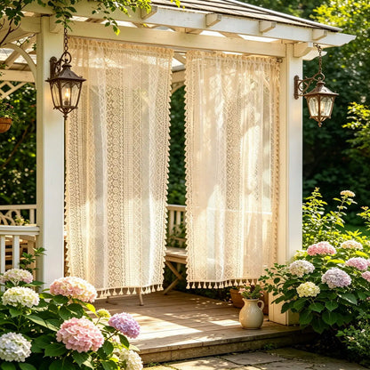 2 Pieces/Set Boho Geometric Hollow Lace Sheer Curtains with Tassel Vintage Patio Door Curtain for Farmhouse Sunroom Kitchen Cafe