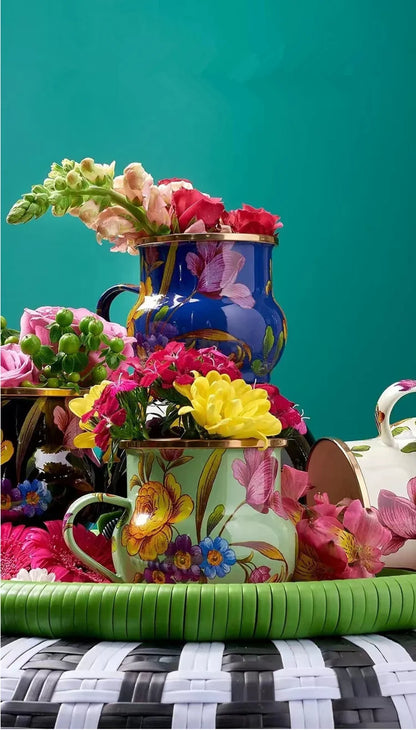 French Retro Enamel Water Cup Flower Enamel Mug Painted Coffee Cup Breakfast Cup 550ML Tea Cup Vase Home Decoration Craft Gift