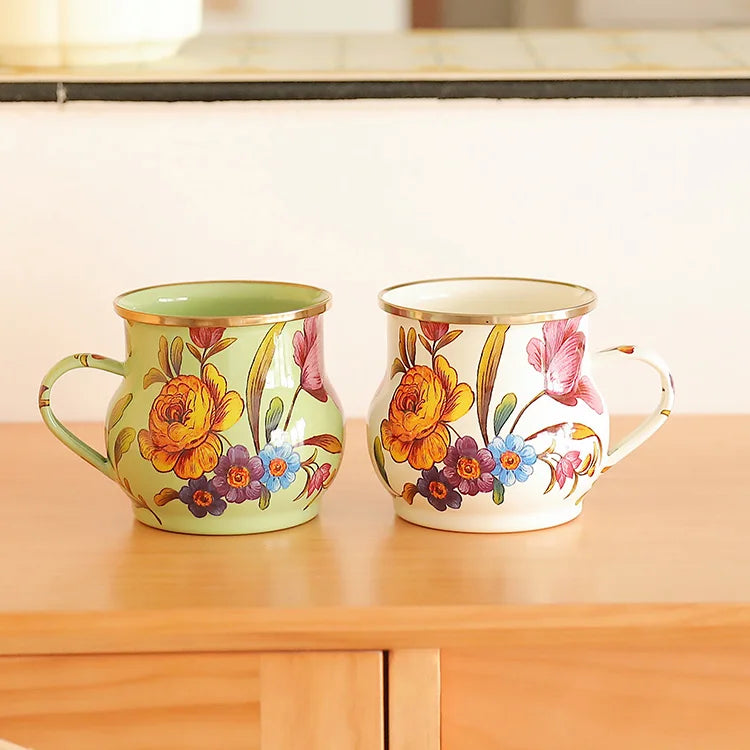 French Retro Enamel Water Cup Flower Enamel Mug Painted Coffee Cup Breakfast Cup 550ML Tea Cup Vase Home Decoration Craft Gift