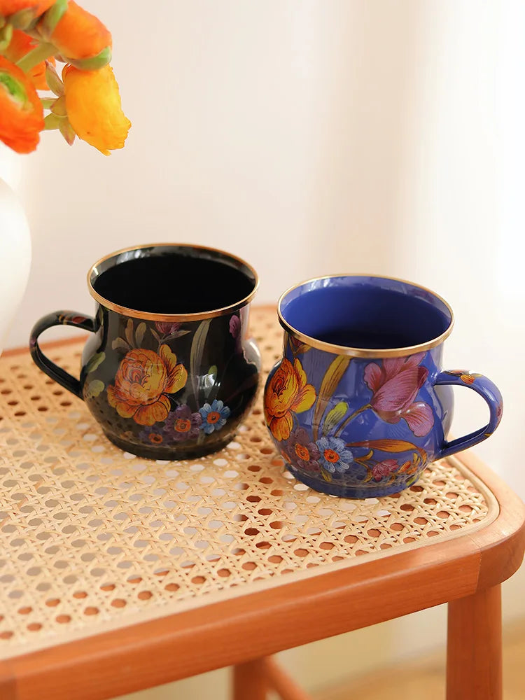 French Retro Enamel Water Cup Flower Enamel Mug Painted Coffee Cup Breakfast Cup 550ML Tea Cup Vase Home Decoration Craft Gift