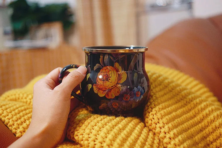 French Retro Enamel Water Cup Flower Enamel Mug Painted Coffee Cup Breakfast Cup 550ML Tea Cup Vase Home Decoration Craft Gift