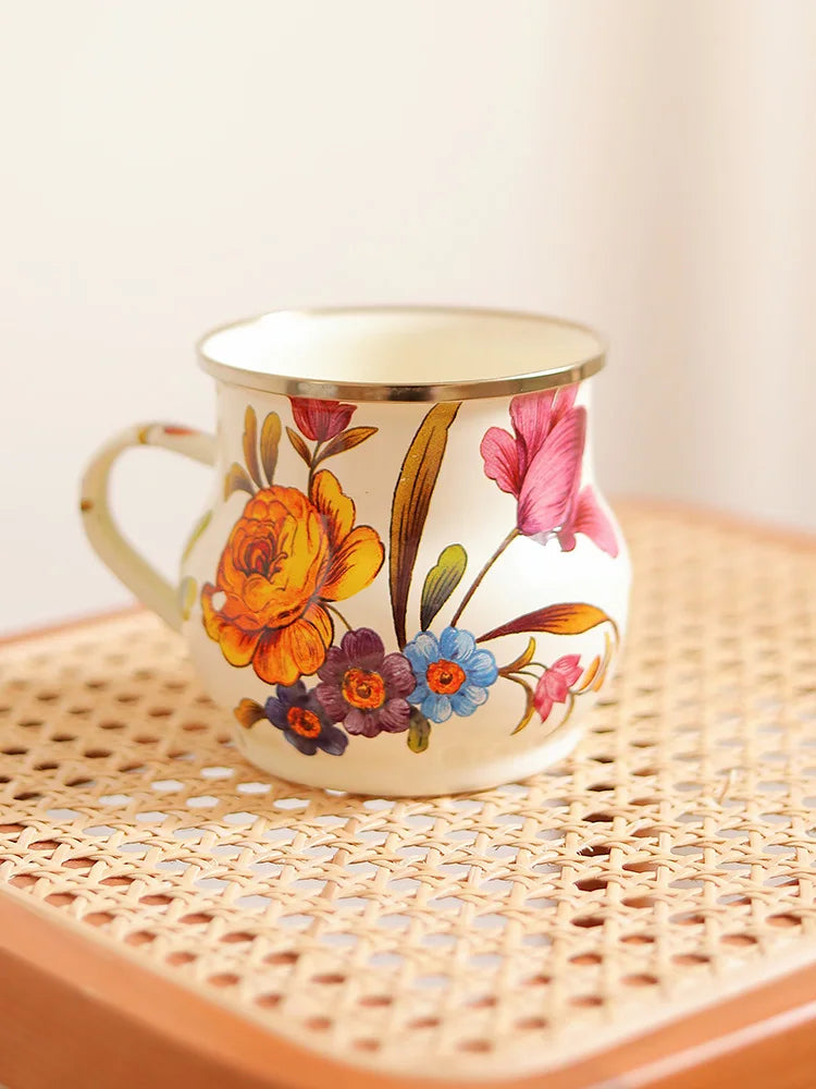 French Retro Enamel Water Cup Flower Enamel Mug Painted Coffee Cup Breakfast Cup 550ML Tea Cup Vase Home Decoration Craft Gift