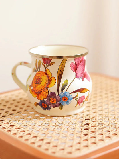 French Retro Enamel Water Cup Flower Enamel Mug Painted Coffee Cup Breakfast Cup 550ML Tea Cup Vase Home Decoration Craft Gift