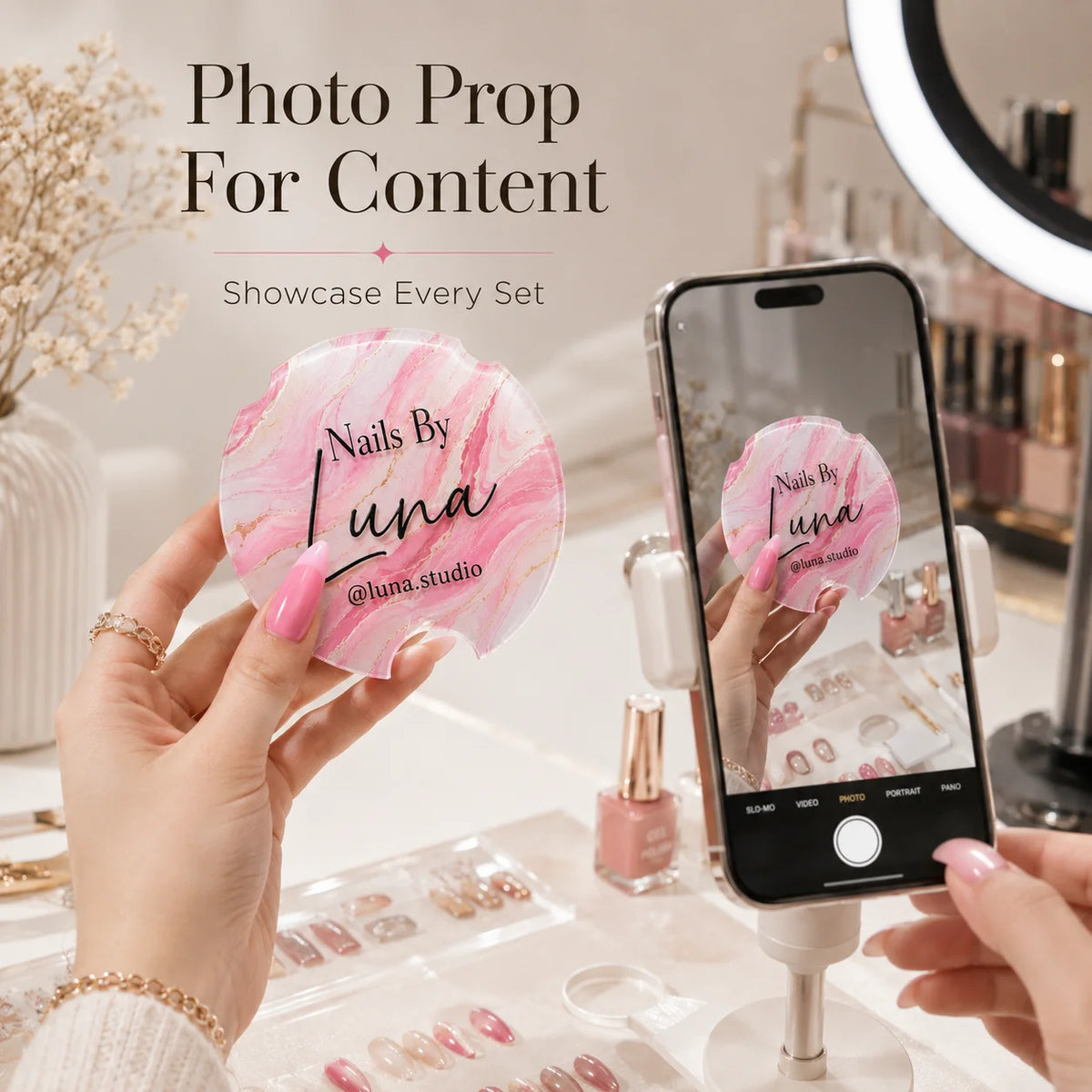 Custom Acrylic Nailfie Disc Personalized Logo Text Nail Photo Prop For Nail Technician Salon Manicure Art Shooting Display Plate