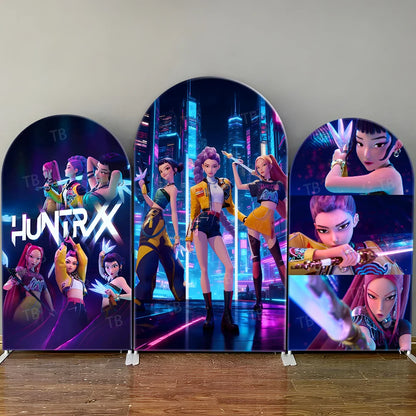 Pink Kpop Demon Hunters Arch Backdrop Cover Spandex Fabric for Girl Birthday Party Photo Booth Studio Decoration Supplies
