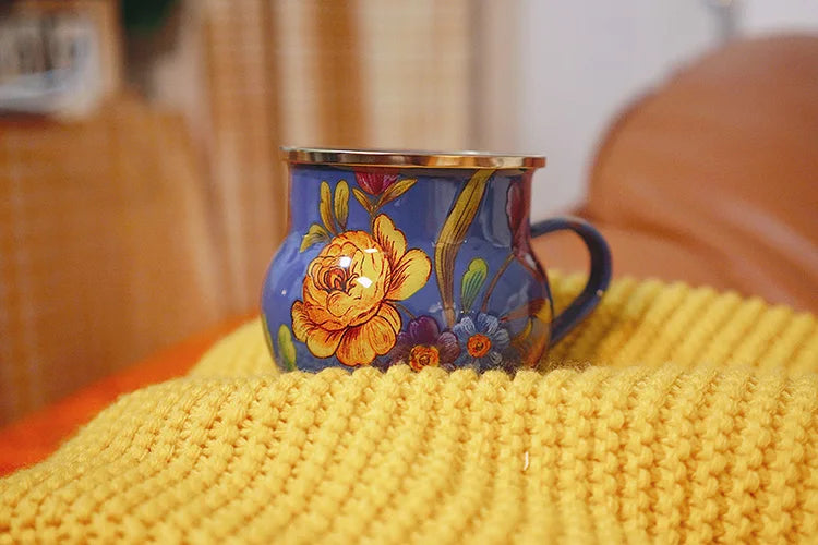 French Retro Enamel Water Cup Flower Enamel Mug Painted Coffee Cup Breakfast Cup 550ML Tea Cup Vase Home Decoration Craft Gift