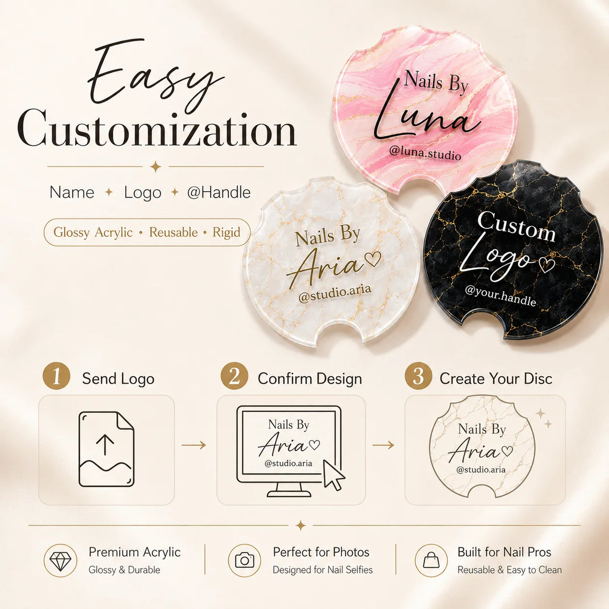 Custom Acrylic Nailfie Disc Personalized Logo Text Nail Photo Prop For Nail Technician Salon Manicure Art Shooting Display Plate
