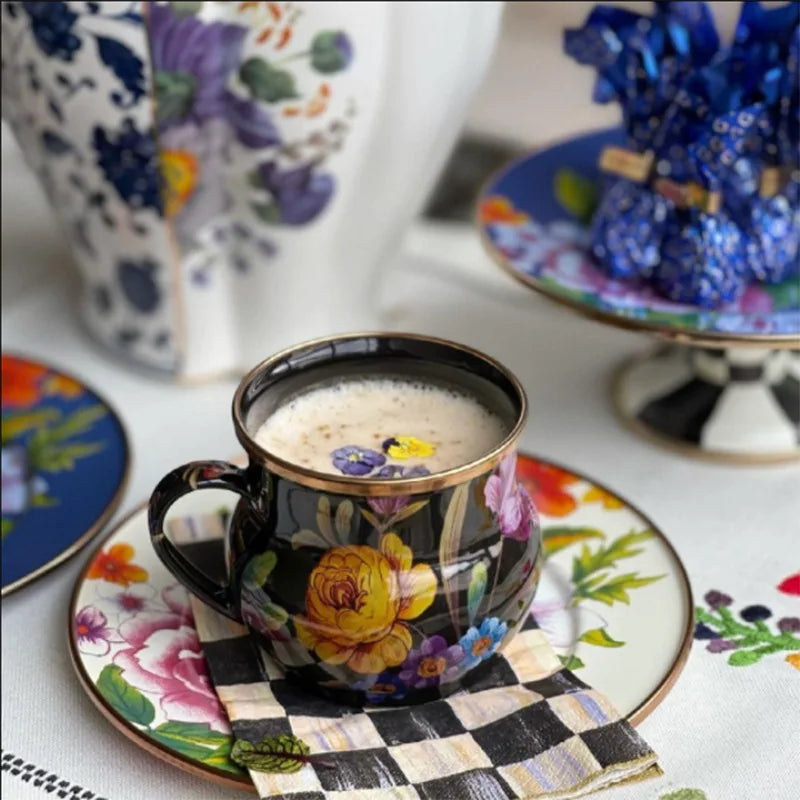 French Retro Enamel Water Cup Flower Enamel Mug Painted Coffee Cup Breakfast Cup 550ML Tea Cup Vase Home Decoration Craft Gift