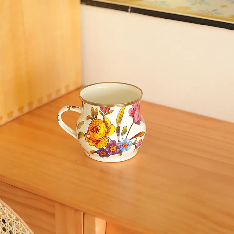 French Retro Enamel Water Cup Flower Enamel Mug Painted Coffee Cup Breakfast Cup 550ML Tea Cup Vase Home Decoration Craft Gift