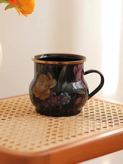 French Retro Enamel Water Cup Flower Enamel Mug Painted Coffee Cup Breakfast Cup 550ML Tea Cup Vase Home Decoration Craft Gift