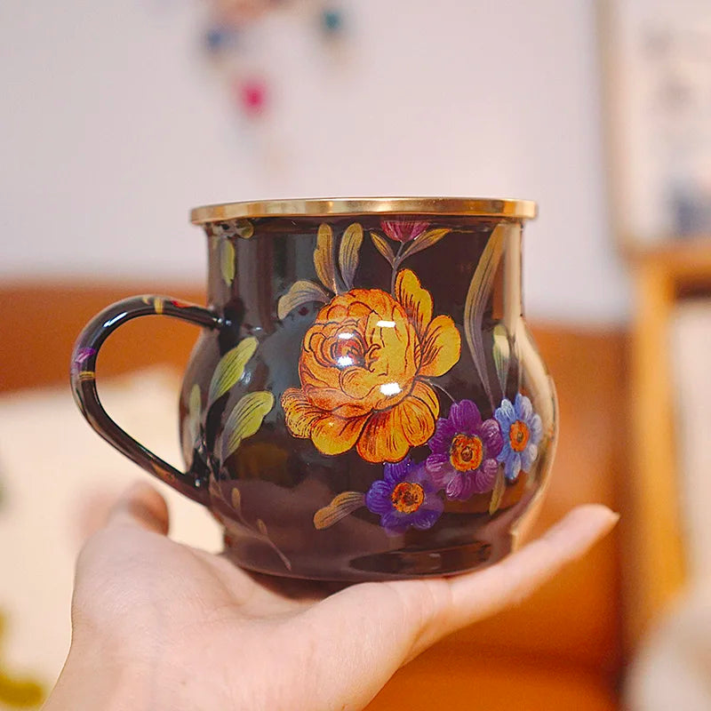 French Retro Enamel Water Cup Flower Enamel Mug Painted Coffee Cup Breakfast Cup 550ML Tea Cup Vase Home Decoration Craft Gift
