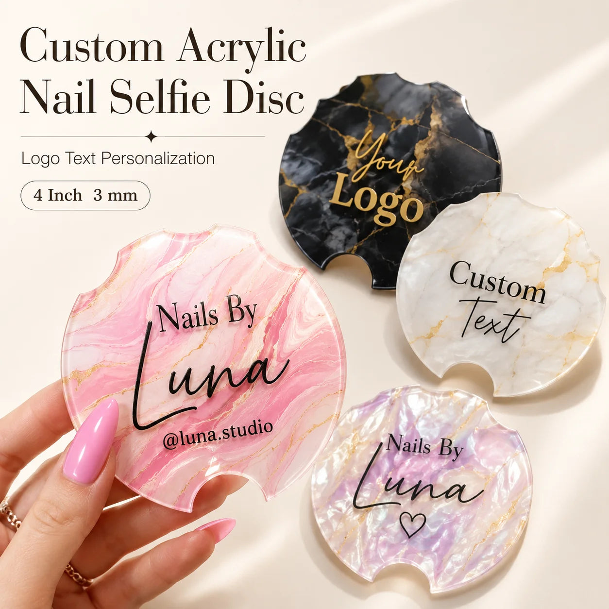 Custom Acrylic Nailfie Disc Personalized Logo Text Nail Photo Prop For Nail Technician Salon Manicure Art Shooting Display Plate