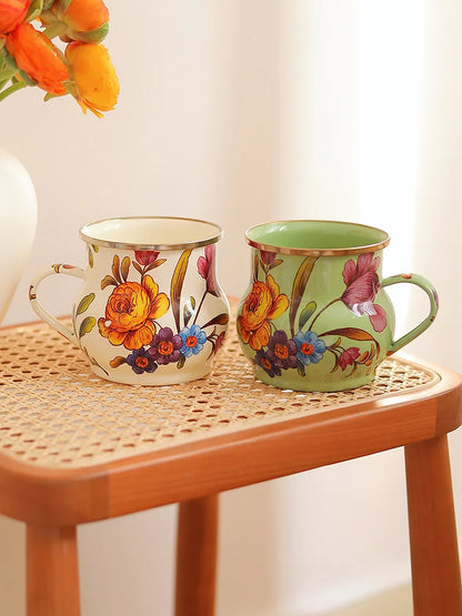 French Retro Enamel Water Cup Flower Enamel Mug Painted Coffee Cup Breakfast Cup 550ML Tea Cup Vase Home Decoration Craft Gift