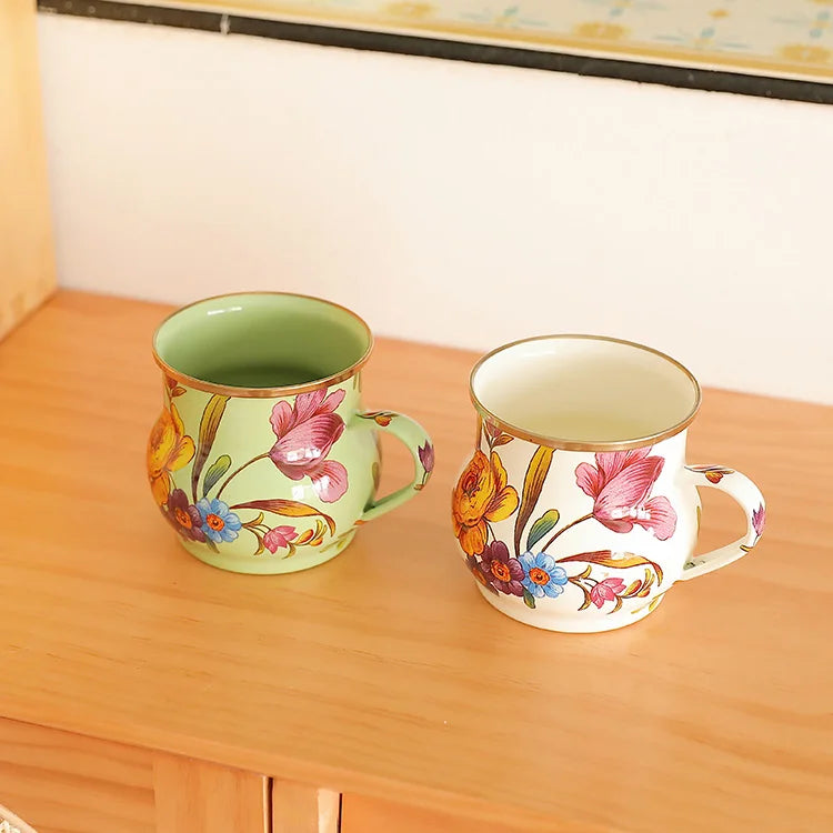 French Retro Enamel Water Cup Flower Enamel Mug Painted Coffee Cup Breakfast Cup 550ML Tea Cup Vase Home Decoration Craft Gift