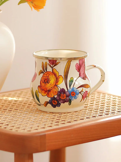 French Retro Enamel Water Cup Flower Enamel Mug Painted Coffee Cup Breakfast Cup 550ML Tea Cup Vase Home Decoration Craft Gift