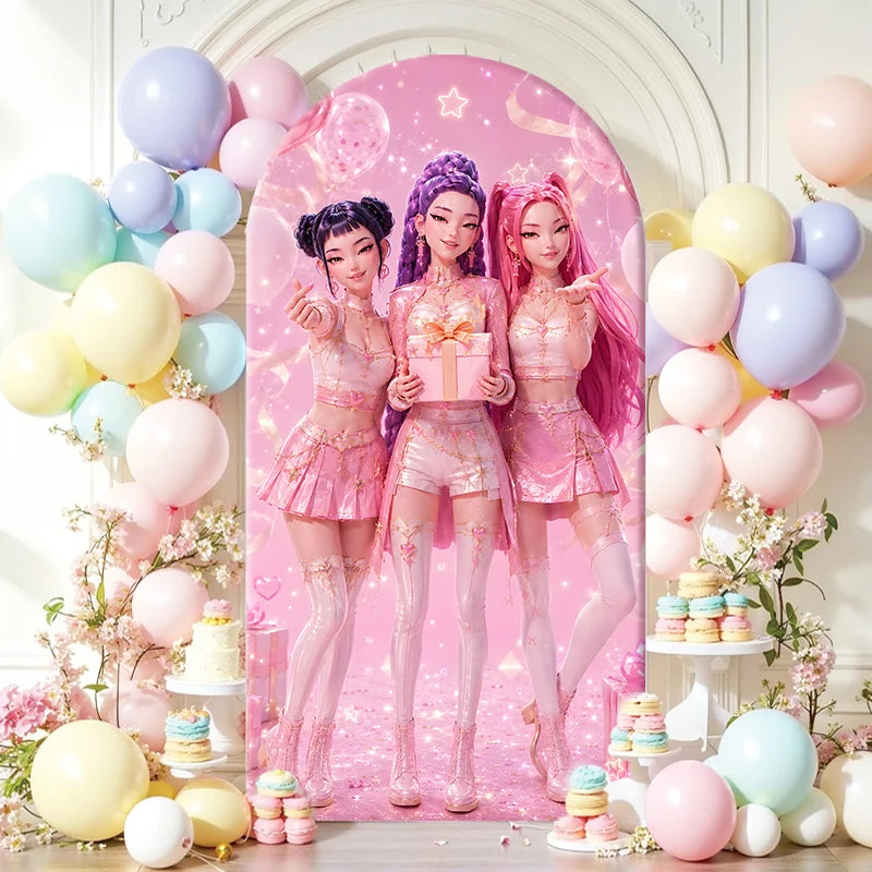Pink Kpop Demon Hunters Arch Backdrop Cover Spandex Fabric for Girl Birthday Party Photo Booth Studio Decoration Supplies
