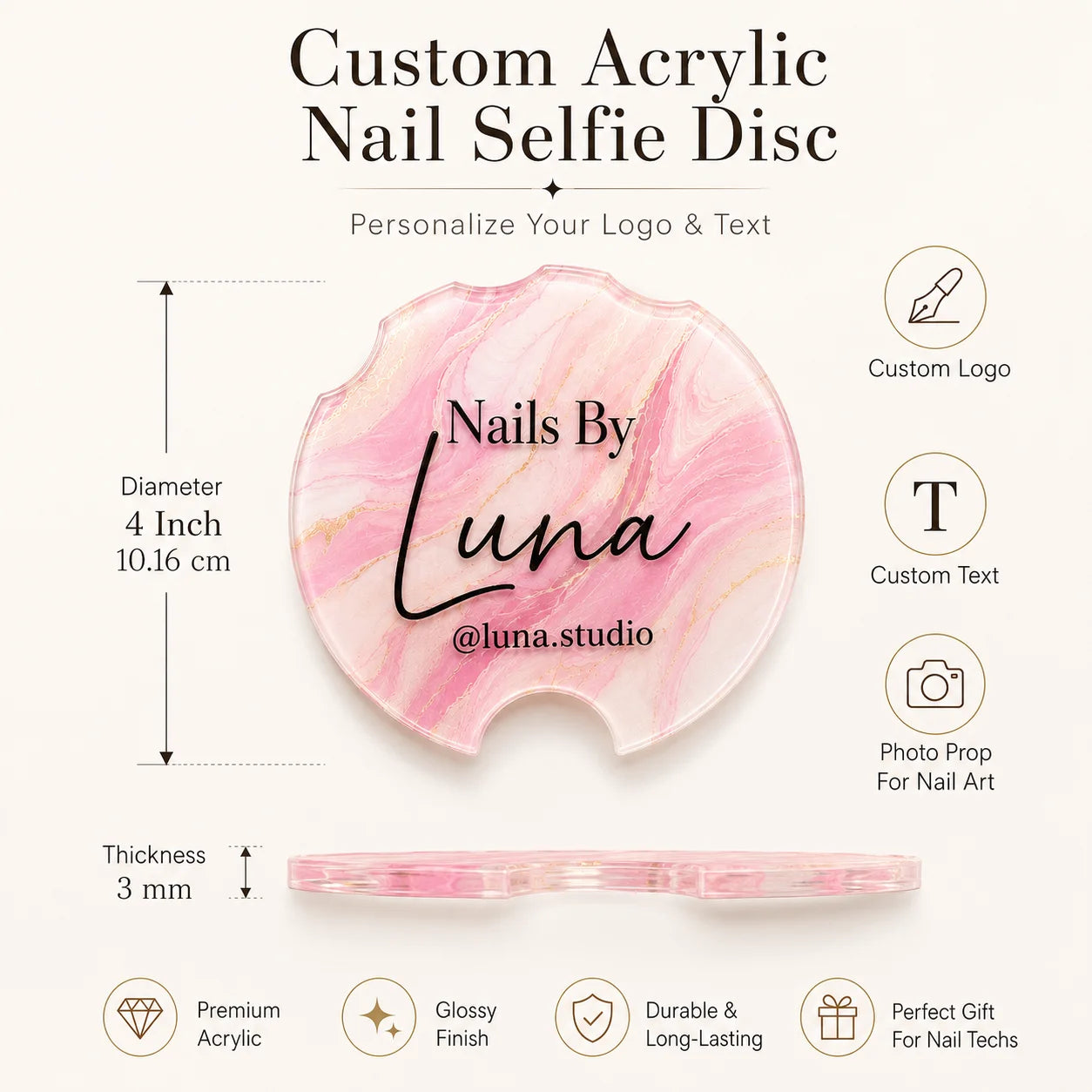Custom Acrylic Nailfie Disc Personalized Logo Text Nail Photo Prop For Nail Technician Salon Manicure Art Shooting Display Plate
