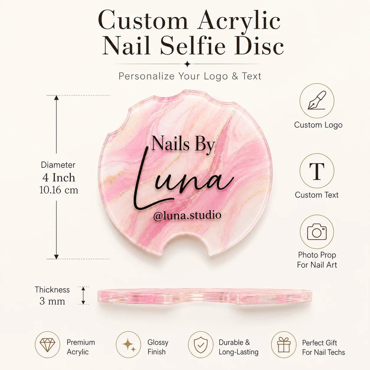 Custom Acrylic Nailfie Disc Personalized Logo Text Nail Photo Prop For Nail Technician Salon Manicure Art Shooting Display Plate