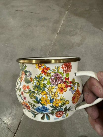 French Retro Enamel Water Cup Flower Enamel Mug Painted Coffee Cup Breakfast Cup 550ML Tea Cup Vase Home Decoration Craft Gift