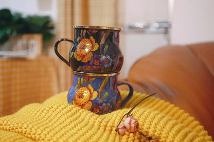 French Retro Enamel Water Cup Flower Enamel Mug Painted Coffee Cup Breakfast Cup 550ML Tea Cup Vase Home Decoration Craft Gift